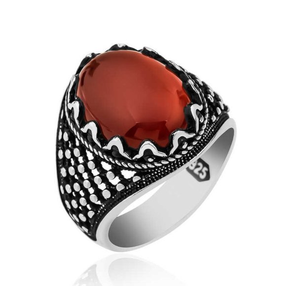 925 Sterling Silver Men's Rings with Red Agate - Picture 1 of 10